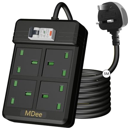 【MDee】RCD Extension Lead 4 in 1 Extension Power Strip 13A/3250W GFCI Surge Protected Extension Socket,5m/16.4ft Heavy Duty Extension Lead with Leakage Protection For Home Workshop Garage,Black
