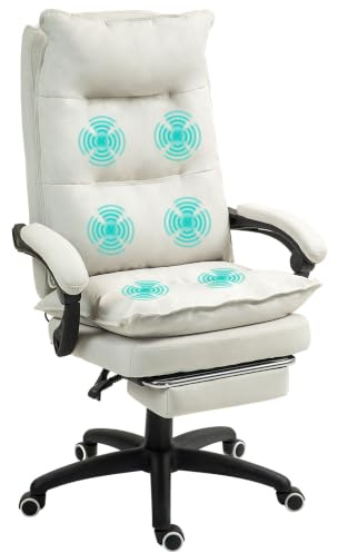 Vinsetto Bürostuhl mit Massagefunktion Ergonomischer Chefsessel Cremeweiß | Mit Liegefunktion, Fußstütze, Höhenverstellbar, 360° Drehbar, Computerstuhl, Leinenoptik