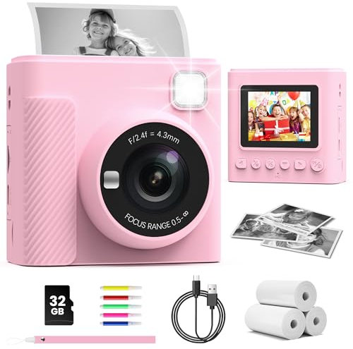 TIATUA Kinderkamera Sofortbildkamera, 2,4 Zoll Sofortbildkamera Kinder mit 32G Karte und Fotopapier Drucken, 1080P HD Digitalkamera Kinder, Geschenke für Jungen und Mädchen 3-12 Jahre (Rosa)