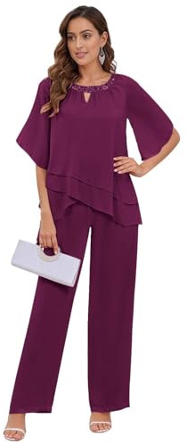 TANPAUL 2 Stück Hosenanzug Damen Festlich Elegant - Chiffon Kurzarm Mutter der Braut Hosenanzüge für Hochzeit Pflaume 42