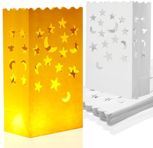 Honoson 24 Pcs White Luminary Candle Bags Fire-Retardant Material Lantern Luminary Bag Durable Reusable for Wedding Valentine's Day Decor Engagement Event Marriage Proposal(Stars and Moon)