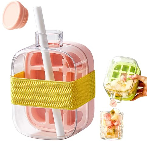 SilverChry Stampo Ghiaccio, Stampo Cubetti di Ghiaccio silicone con Coperchio, Design 2 in 1- Stampi per Ghiaccio e Bottiglia Per Cubetti di Ghiaccio Portatile, Forme per Ghiaccio per Cocktail (rosa)