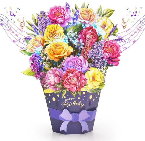 TIKLANA Birthday Cards, LIGHTS & MUSIC Happy Birthday Card, Pop Up Paper Rose/Peony/Lilac Flower Bouquet, 3D Popup Birthday Greeting Gift Card for Women Wife Mom Daughter Sister Friends
