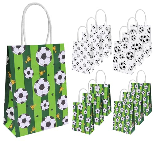 Fußball Papiertüten mit Henkel, 12 Stück, 15x8x21cm | Wiederverwendbar, Für Kindergeburtstag Jungen Mädchen, Langlebig Süßigkeitstüten