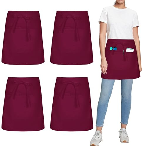 umboom 4 Stück Vorbinder Schürze, Rot Küchenschürze mit 3 Taschen, Kurz Koch Schürzen, Kellnerschürze Grillschürze Baristaschürze Taillenschürze für Herren Damen (Rot - Polybaumwolle)