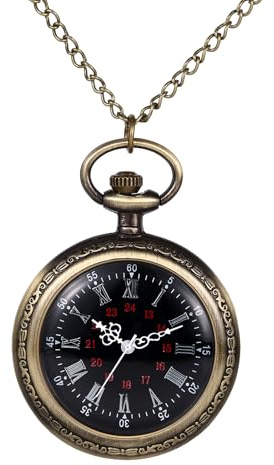 JewelryWe Retro Taschenuhr Herren mit Kette, Vintage 24-Stunden-Zifferblatt Analog Quarz Kettenuhr mit Römischen und Arabischen Ziffern Unisex Antik Bronze Uhr Anhänger mit Langer Halskette