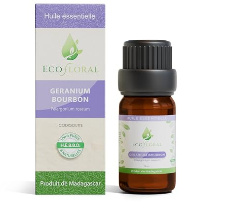 Ecofloral Huile Essentielle Géranium Bourbon de Madagascar - 100% Pure et Naturelle HEBBD Sans Aucun Ajout - Antiseptique, Anti-inflammatoire et Équilibrante - Idéale pour Diffusion et Massage - 10 ml