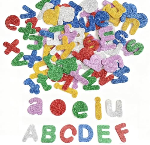 Femnow 130 Stück Buchstaben Aufkleber kinder, Glitzersticker mit Großbuchstaben Kleinbuchstaben, Glitzer Sticker, Glitzer Aufkleber, Selbstklebend Moosgummi, Sticker für Wand Dekoration, Basteln