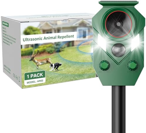 Joomouney Répulsif pour chat de jardin, répulsif à ultrasons solaire contre les renards avec capteur PIR et lampe de poche, 5 modes de charge USB, IP65 étanche, répulsif pour chats, chiens, renards