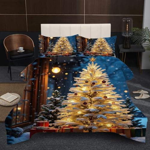 Dozrmey Wohlfühl-Bettwäsche 140x200 cm | Weißer Weihnachtsbaum, Decke und 2 Kissenbezüge im Set, Leichtes Baumwoll-Innenleben, Seidig Weiche Microfaser-Oberfläche für Höchsten Komfort
