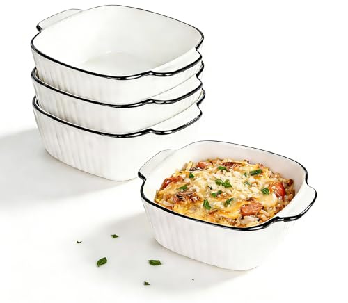 Ceramic Baking Dishes Set of 4 - Square Individual Pie Dishes - 400 ml Small Oven Dish with Handle - Ceramic Bakeware for Air Fryer