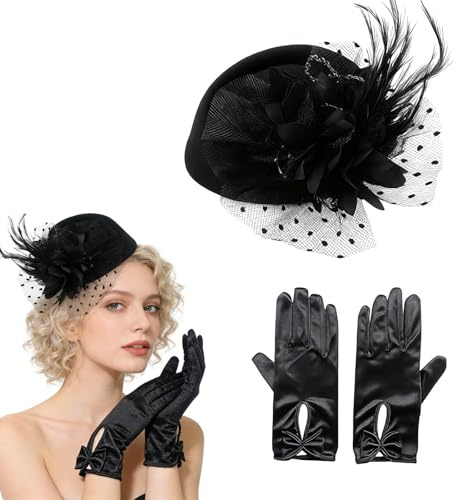DvBCNMe Vintage Fascinator Damen Hut mit Spitzenhandschuhen, Fascinator Damen Schwarz Hochzeitshut Mesh Gesichtsschleier Tea, Perfekt für Hochzeiten, Cocktailpartys und Karneval