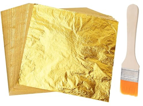 100 Blatt Blattgold Imitation Blattgold mit Pinsel zum Basteln, Goldflocken für Nägel, Holz, Möbel Dekoration(14x14cm)