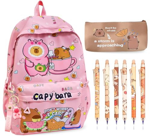 OPVXZAD Set De Regalo Capibara,Mochila Escolar, Capybara Estuche De Silicona y Mini Plush & Llaveros|Boligrafos Borrable | Kawaii Backpack Schoolbag Impermeable 16L Para Niños| Regalo Para Niños Rosa
