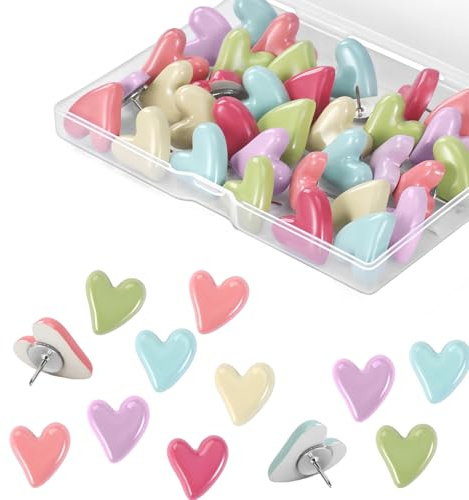 30PCS Bunte herzförmige Pinnwandnadeln aus Kunstharz als Pinnadeln, Reißzwecken Reißnägel Set für Pinnwände, Fotowand und Kalender, dekorative Pin Nadel für Schule Büro Zuhause