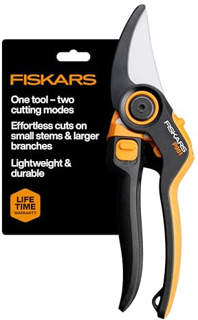 Fiskars DualAction Trädgårdssax – handsax med två skärlägen, bypass-trädgårdssax för stjälkar och grenar upp till 2,5 cm, friktionsfri stålblad, FiberComp-ram