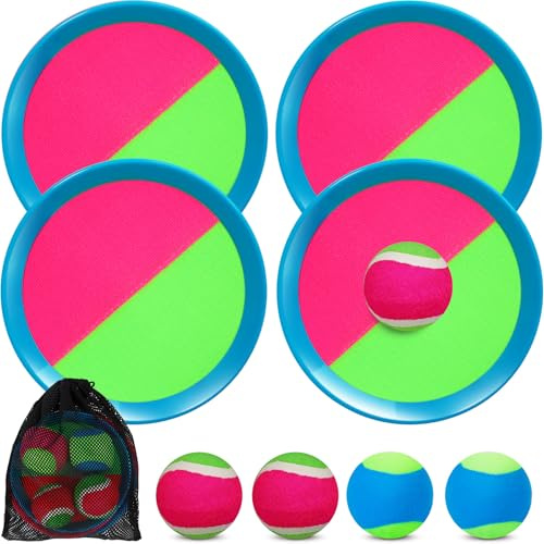 Jovicos Klettballspiel, Gartenspielzeug Outdoor Spiele für Kinder, Klettballspiel für Kinder ab 3 4 5, Outdoor Spielzeug Sommer Spielzeug Draußen, Fangballspiel mit 4 Fangscheiben 4 Bälle