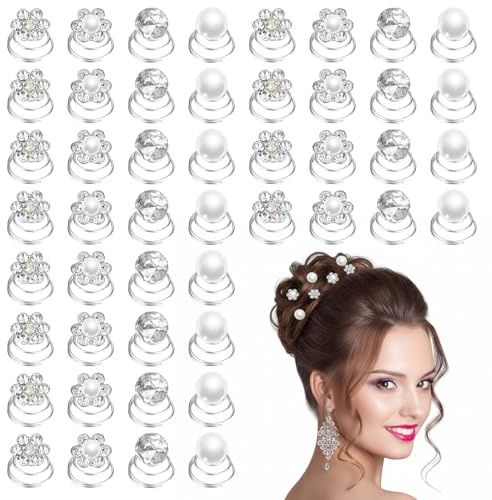 48 PCS Rhinestone Hair Studs for Women Rhinesetones Clips Diamond Spiral Pearl Flower Jewels Pins Sparkly Hair Accessories for Wedding, Bridal, Prom, Party