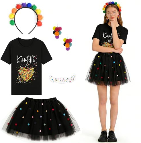 DAZZTIME Karneval Kostüm Damen,5 Stück Konfetti im Herzen Fasching Karneval Konfetti Kostüm Outfit T-Shirt,Fastnacht T-Shirt,Haarreif Mit Pompoms Bunt,für Karneval,Halloween,Fasching,Mottoparty