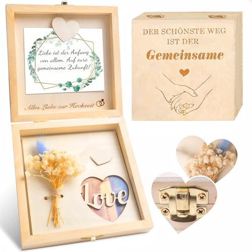 Geldgeschenk Hochzeit Holz, Hochzeitsgeschenke für Brautpaar mit Geschenkbox, Trockenblumen, Hochzeitskarte, Kreative Geldgeschenk Verpackung und Hochzeitsgeschenk Ideen für Geld Wedding