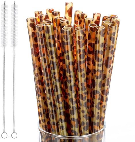 Dermalyx 25 Pailles Réutilisables en Plastique à Motif Léopard, Pailles Animales Safari avec 2 Brosses de Nettoyage, Pailles pour Cocktails et Fêtes d'Anniversaire