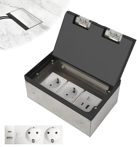 Prise de sol pour réservoir de sol - En acier inoxydable - Étanche - Avec 2/3 CA USB de type C RJ45 - Pour cuisine, salon, bureau, hôtels (noir, 2 AC)