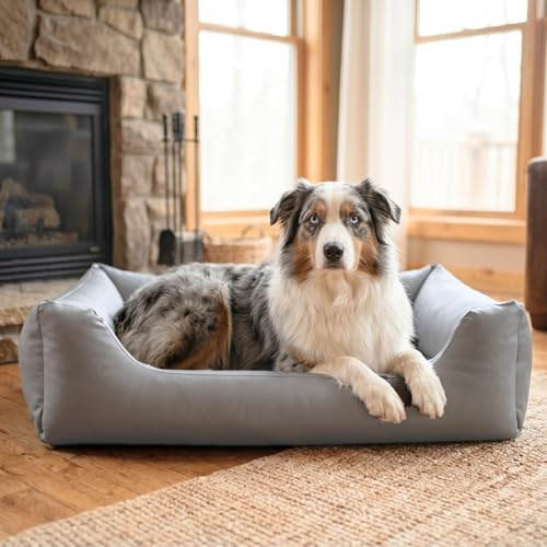 4L Textil Mario Orthopädisches Hundebett Kunstleder große Hunde Hundekorb | 140x110 cm | Grau | Wasserabweisend | Abwischbar | Robust