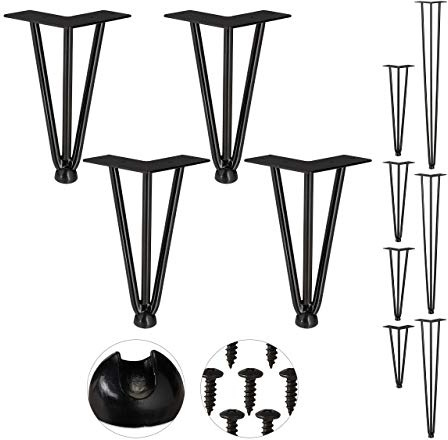 Relaxdays hårnålsben, set med 4, 3 barer, metall, bordsstöd för hylla och pall, 20 cm, svart