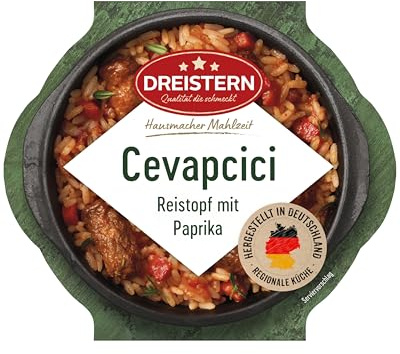 DREISTERN Cevapcici 400g I Mit Paprika & Reis I Herzhaftes Fertiggericht in Mikrowellenschale I Lange Haltbarkeit dank natürlicher Konservierung I Hausmacher Qualität