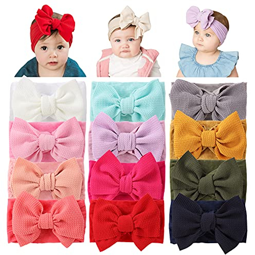 Cinaci 12er-Pack Super dehnbare Nylon-Stirnbänder mit großer Schleife Haarschmuck Headwraps für Babys, Kleinkinder, Kinder