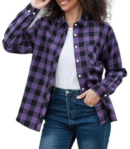 SANGTREE Womens Flannel Shirt, Casual Plaid Tops Long Sleeve Button Down Shirt for Women Buffalo Purple, Medium
