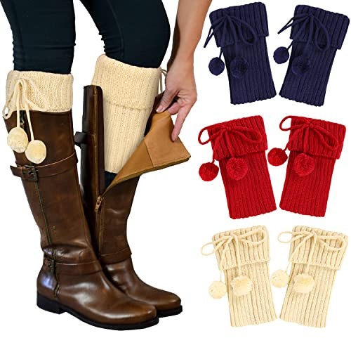 Benefeet Sox 3 Pairs Boot Cuffs for Women Short Cable Knit Leg Warmers for Boots Crochet Knitted Warm Boot Toppers Socks Boot Socks Valentine Winter Gifts for Women - Beige Navy Wine Red, Plush Balls