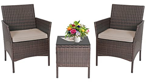 3-Piece Outdoor Wicker Conversation Bistro Set Outdoor Patio Porch Furniture Sets for Yard, Garden with 2 PE Rattan Wicker Chairs, 2 Cushions,1 Coffee Table