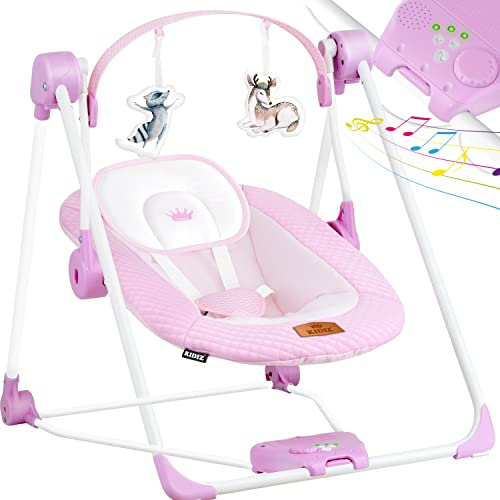 KIDIZ® Babywippe Babyschaukel mit 5 Geschwindigkeitseinstellungen zusammenklappbarer Baby Wippe Schaukel Babyhochstuhl mit Spielbogen Spielzeugen 5 beruhigende Naturgeräusche, Pink