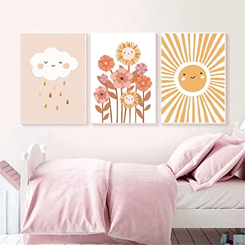 EXQULEG 3er Set Poster Kinderzimmer Regenbogen Wolken Blumen Bilder Ohne Rahmen,Bilder Babyzimmer DIN A4 Boho Deko Junge Mädchen (B)
