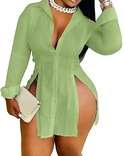 Women's Casual Dress Shirt Sexy V Neck Stand Up Collar Button Front Long Sleeve Side Split Solid Color Blouse Top Green X-Large