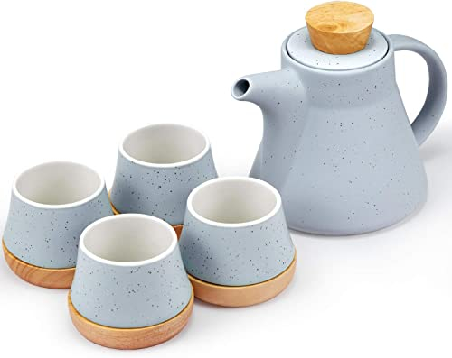 10-teiliges Teekannen-Set aus Keramik, Teeset mit 25 oz/750 ml Teekanne & 4 150-ml-Tassen & 4 Holzuntersetzern, Porzellan-Teekanne mit abnehmbarem Edelstahl-Ei für lose Blätter und blühenden Tee, Gesc