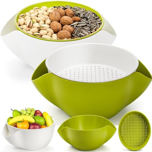 Pumtus Pistazien-Schalen, große Snack-Servierschalen, 25,4 cm, Doppelschale mit Schalenhalter, Kunststoff-Obst-Aufbewahrungsbehälter, Süßigkeitenschüssel für Popcorn, Erdnüsse, Kirschen, Grün und Weiß