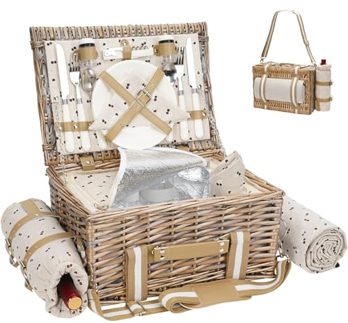 19-teiliges Picknickkorb-Set für 2 mit Decke – Weidenkorb mit Gurt, Weintasche | Weiden-Picknickset für 2 Personen mit isoliertem Kühler | Weidenkorb mit Besteck-Set, Beige