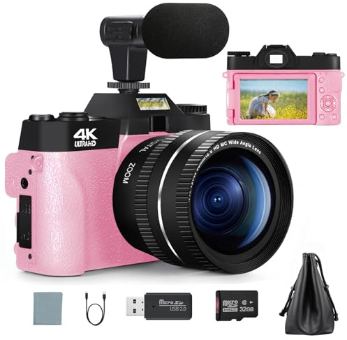 Appareil Photo numérique Photo, Appareil Photo vidéo 4K 48mp, Appareil Photo vlogging Zoom numérique Youtube 16x, Appareil Photo de Voyage avec Carte SD de 32 go et Objectif Macro Grand Angle（Pink）