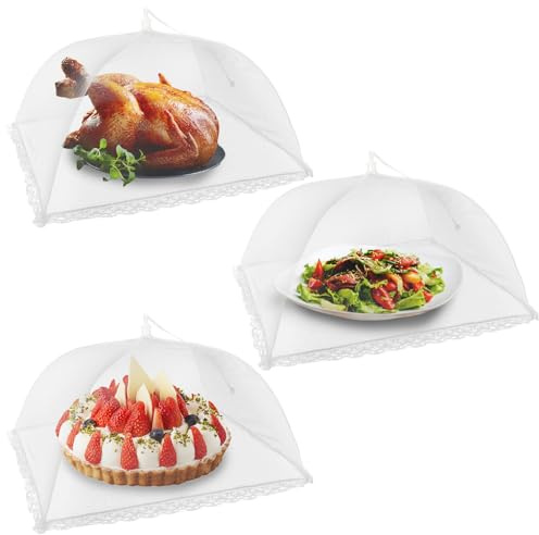 NEPAK 3Pcs Food Covers Mesh Pop Up, 17x17 Food Tents Food Net Cover for Outdoors, Food Covers Mesh for Outside,Screen Tents for Party,Picnics, BBQ,Reusable and Collapsible