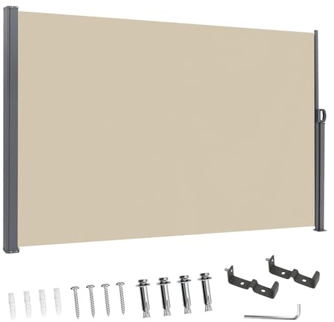 BelleMax Seitenmarkise ausziehbar & Blickdicht, 20 cm länger, Garten-Sichtschutz & Windschutz mit Aufrollautomatik für Balkon & Terrasse, Seitenmarkis Khaki 180 x 300 + 20 cm