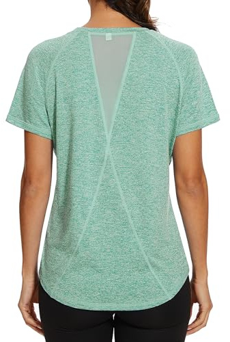 Gyabnw Camiseta Deportiva para Mujer Camisetas de Gimnasia Espalda Malla Ajuste Holgado Yoga Camiseta para Correr Ligera Que Absorbe la Humedad Cuello Redondo Manga Corta para Damas