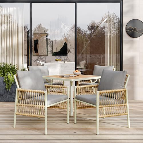 KUAKE Rattan Gartenmöbel-Set, 5-teiliges Esstisch-Set, mit verstellbaren Füßen, Garten-Essgruppe, Gestell aus verzinktem Eisen inklusive Sitzkissen，Outdoor ﻿ (Natürliche)