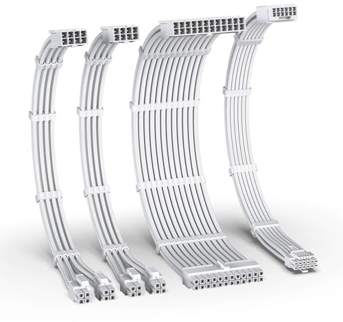 EZDIY-FAB 12VHPWR PSU Kabelverlängerung Kit,16AWG PCIE 5.0 Stromversorgungskabel Verlängerung-1x 24 Pin ATX /2x 8Pin (4+4) EPS / 1x12+4 pin,Sleeve Kabel 300MM mit Kämmen-Alle Weiß
