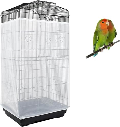 ASOCEA Fågelbursskydd justerbar fröfångare mjukt nylonnät med dragsko fågelburskjol fjäderskydd för runda fyrkantiga burar (200 x 70 cm vit)