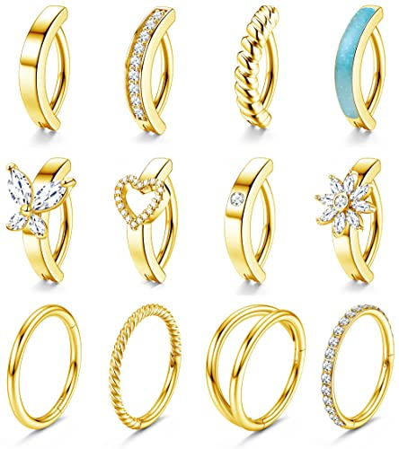 FIOROYAL 12Pcs Piercing Nombril Acier Chirurgical 14G Arcade Piercing Nombril Anneau,CZ Opal Cœur Papillon Percing au Nombril,Clicker Piercing Nombril Grossesse Or Hypoallergénique 10MM