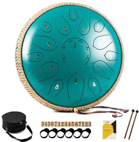 MeloBeat Zungentrommel 12 Zoll 15 Töne - Professionelles Steel Tongue Drum Handpan Set in D Dur inkl. Zungentrommel Liederbuch, Schlagzeug Sticks und Trommel Tragetasche (Grün)