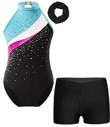 TTAO Gymnastikanzug Mädchen Turnanzug Ärmellos Glitzer Gymnastikbody Mit Haarband Und Shorts Gymnastik Training Dancewear See Blau & Schwarz A 158-164