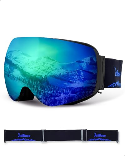 JetBlaze Skibrille Herren Damen OTG Skibrille mit Wechselglas and Riemen für Brillenträger Schneebrille Anti Nebel Snowboardbrille Ski Goggles Kompatibler Helm Sphärisch Verspiegelt Grüne Linse